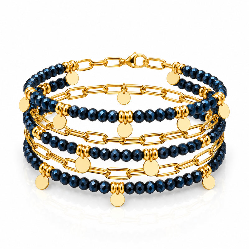 Gold-filled paperclip chain wrap bracelet with midnight dark blue crystal beads — Unfiltered Collection by Gogh Jewelry Design