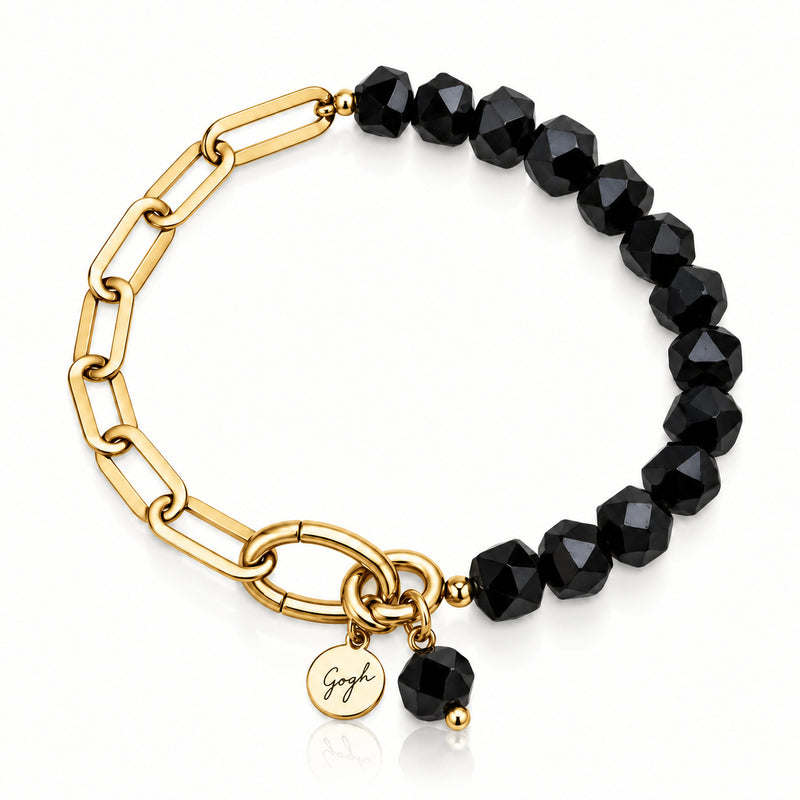 Iron Will Onyx Paperclip Bracelet — faceted black onyx on a 14k gold-filled stainless steel paperclip chain. Hypoallergenic, fade-resistant. Handmade in California.