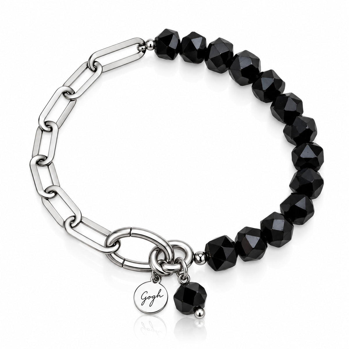 Rhodium-plated silver paperclip chain bracelet with faceted black onyx beads — Modern Heirloom Collection by Gogh Jewelry Design
