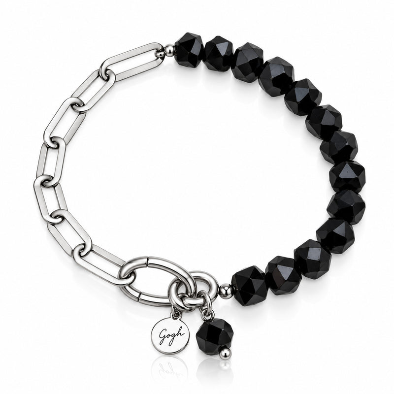 Rhodium-plated silver paperclip chain bracelet with faceted black onyx beads — Modern Heirloom Collection by Gogh Jewelry Design