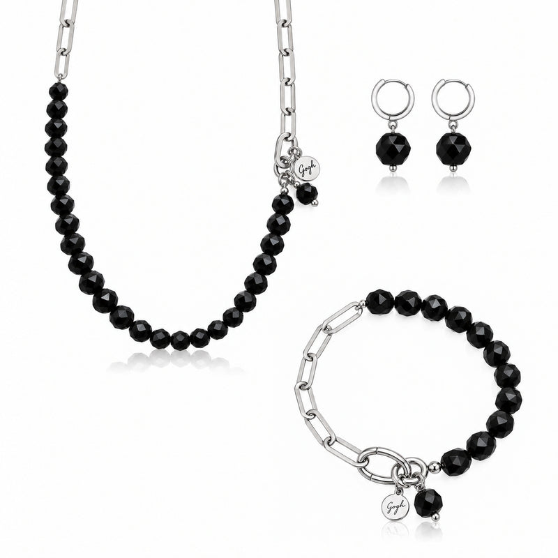 Rhodium-plated silver paperclip chain necklace with faceted black onyx beads — Modern Heirloom Collection by Gogh Jewelry Design