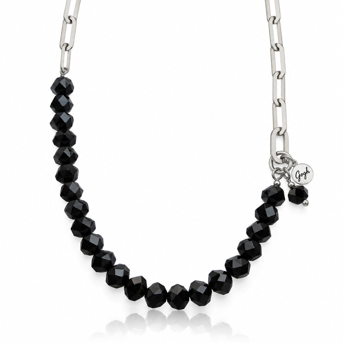 Rhodium-plated silver paperclip chain necklace with faceted black onyx beads — Modern Heirloom Collection by Gogh Jewelry Design