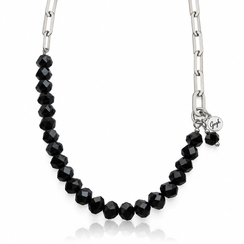 Rhodium-plated silver paperclip chain necklace with faceted black onyx beads — Modern Heirloom Collection by Gogh Jewelry Design