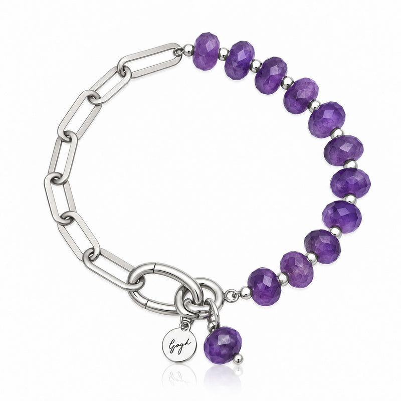 Rhodium-plated silver paperclip chain bracelet with faceted amethyst beads — Modern Heirloom Collection by Gogh Jewelry Design