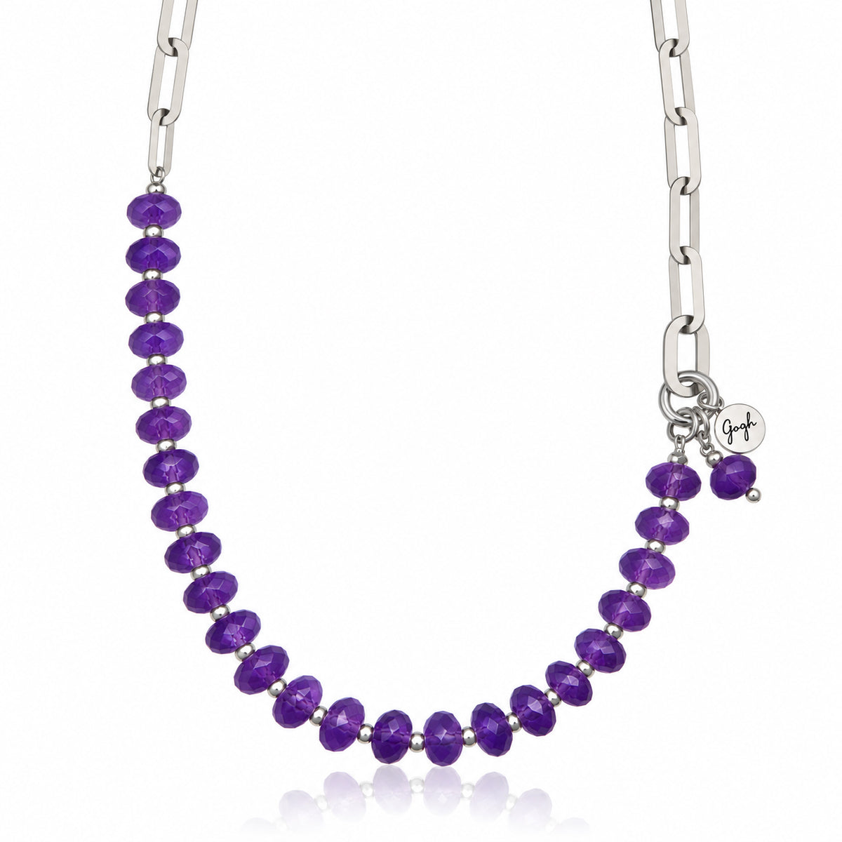 Rhodium-plated silver paperclip chain necklace with faceted amethyst beads — Modern Heirloom Collection by Gogh Jewelry Design