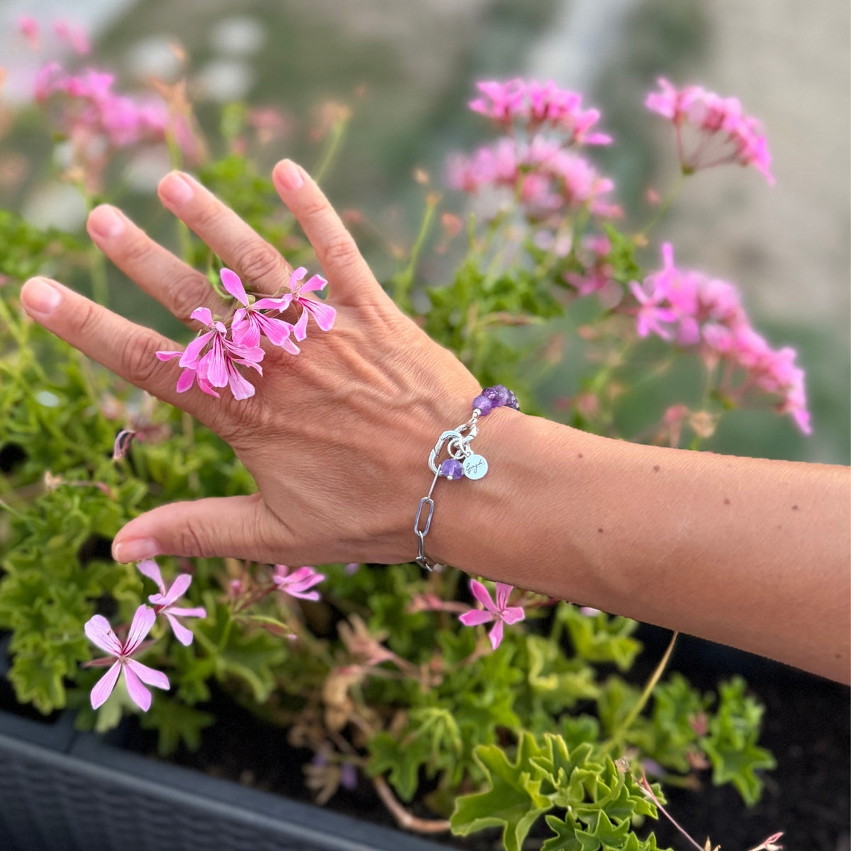 Rhodium-plated silver paperclip chain bracelet with faceted amethyst beads — Modern Heirloom Collection by Gogh Jewelry Design