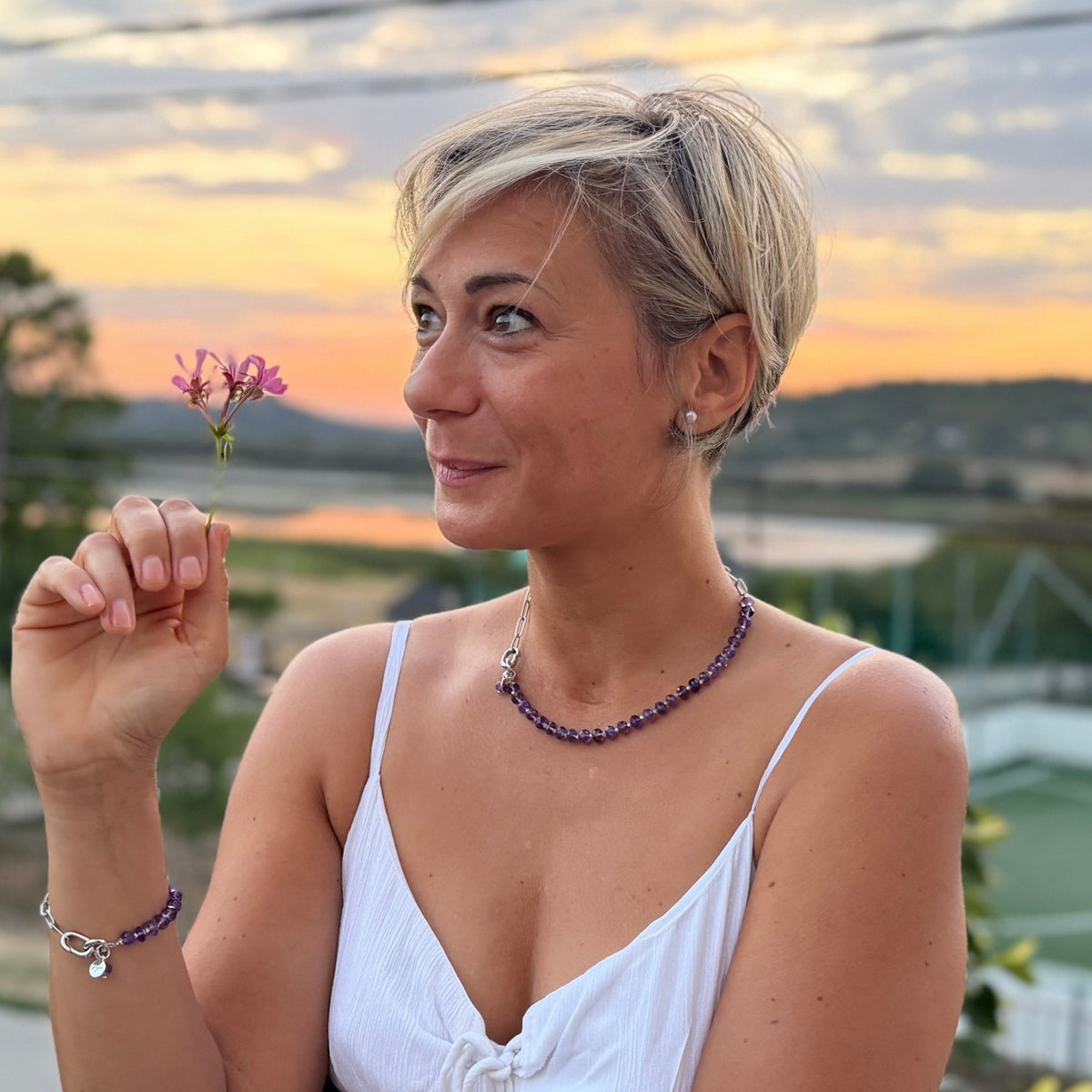 Rhodium-plated silver paperclip chain necklace with faceted amethyst beads — Modern Heirloom Collection by Gogh Jewelry Design