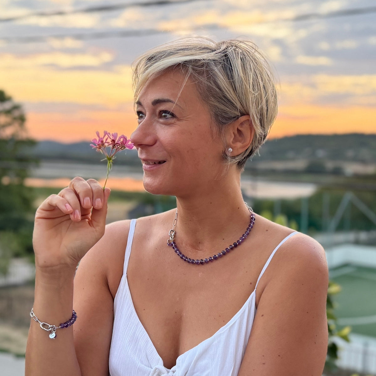 Rhodium-plated silver paperclip chain necklace with faceted amethyst beads — Modern Heirloom Collection by Gogh Jewelry Design