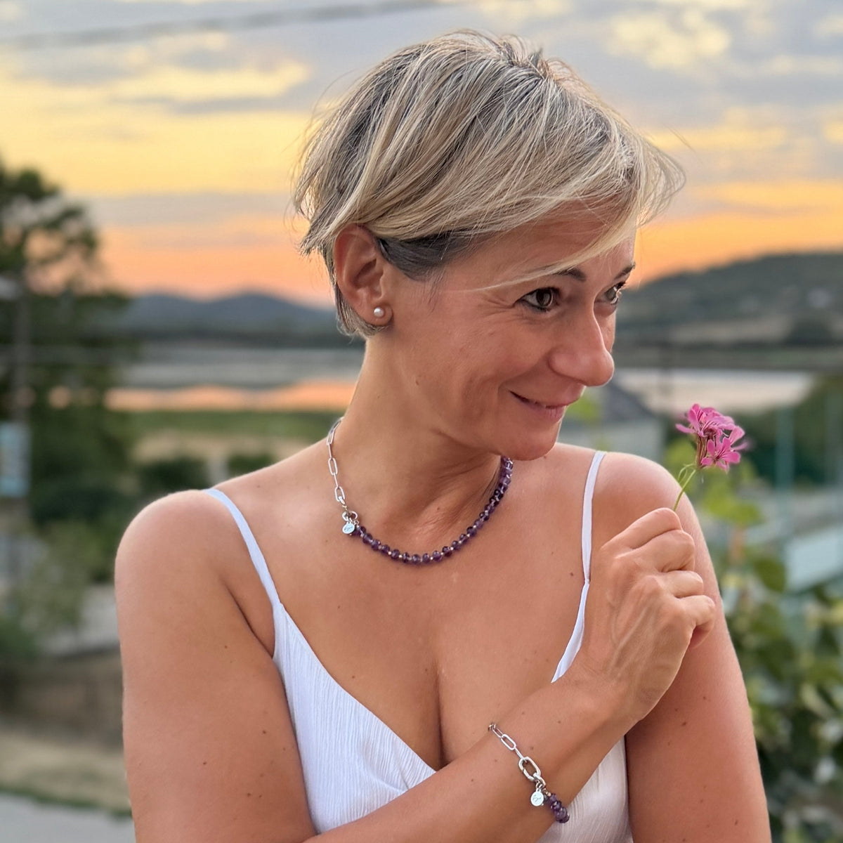 Rhodium-plated silver paperclip chain necklace with faceted amethyst beads — Modern Heirloom Collection by Gogh Jewelry Design