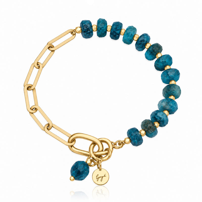 Gold paperclip chain bracelet with faceted apatite beads — Modern Heirloom Collection by Gogh Jewelry Design