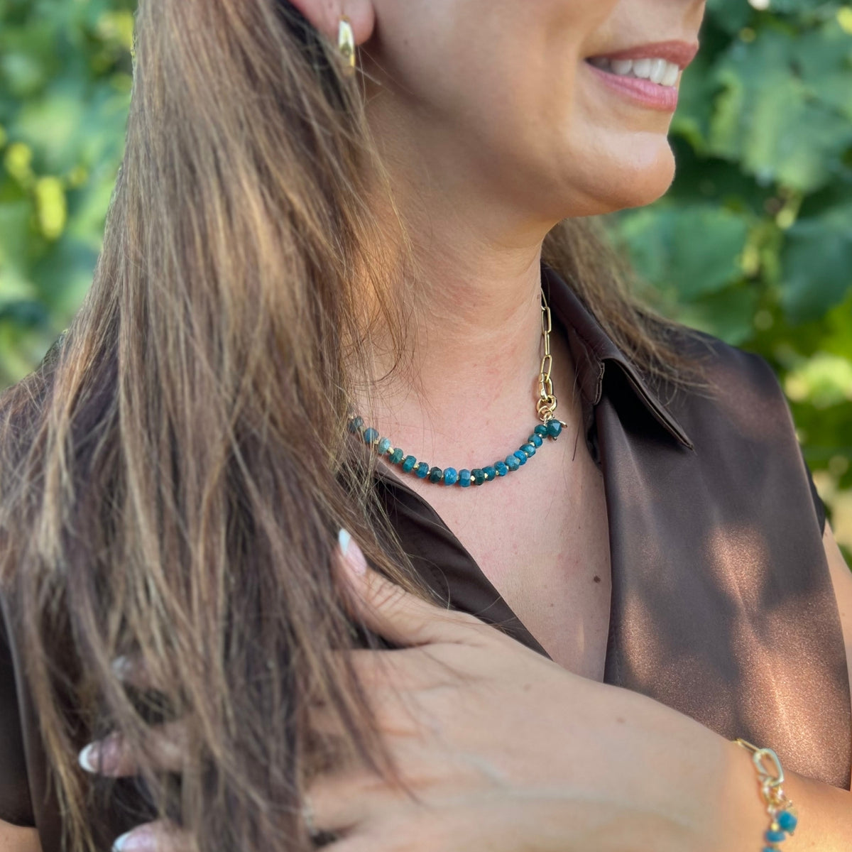 Gold paperclip chain necklace with faceted apatite beads — Modern Heirloom Collection by Gogh Jewelry Design