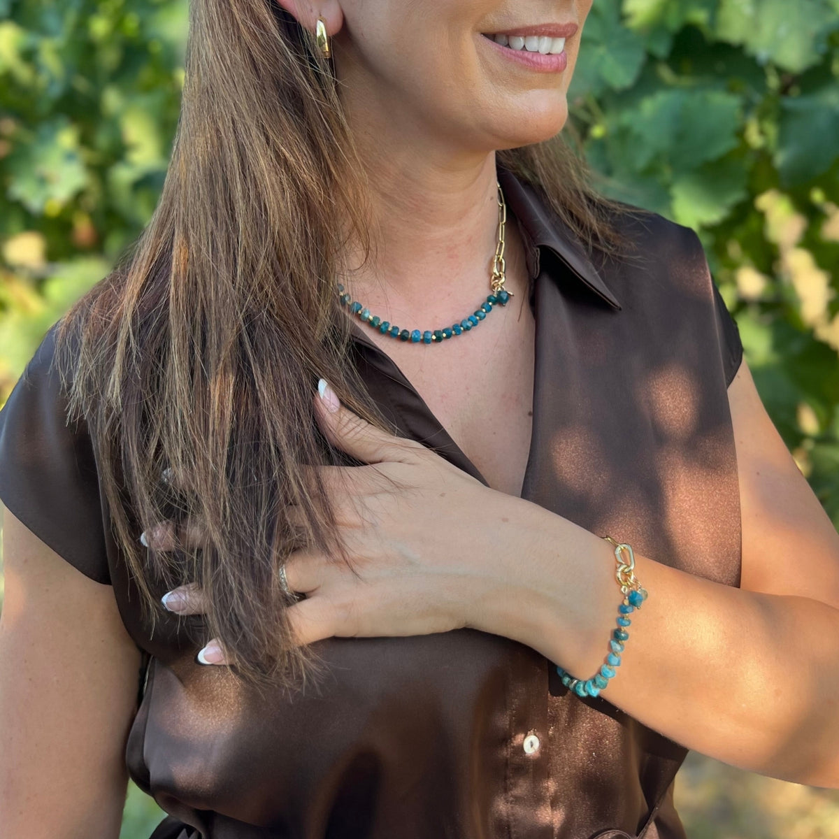 Gold paperclip chain bracelet with faceted apatite beads — Modern Heirloom Collection by Gogh Jewelry Design