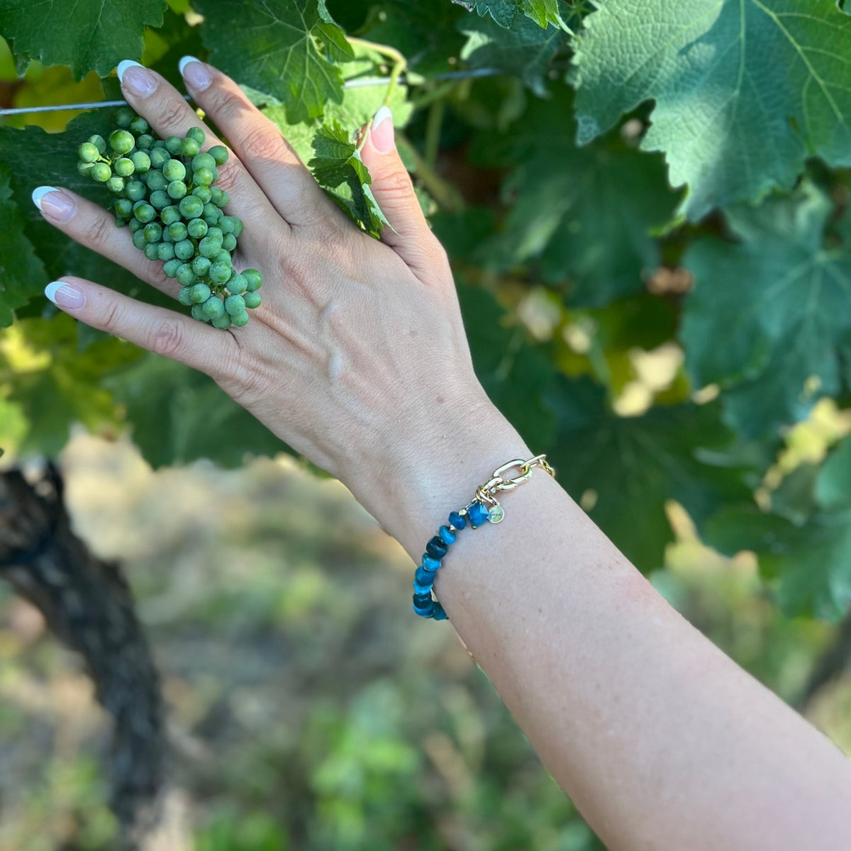 Gold paperclip chain bracelet with faceted apatite beads — Modern Heirloom Collection by Gogh Jewelry Design