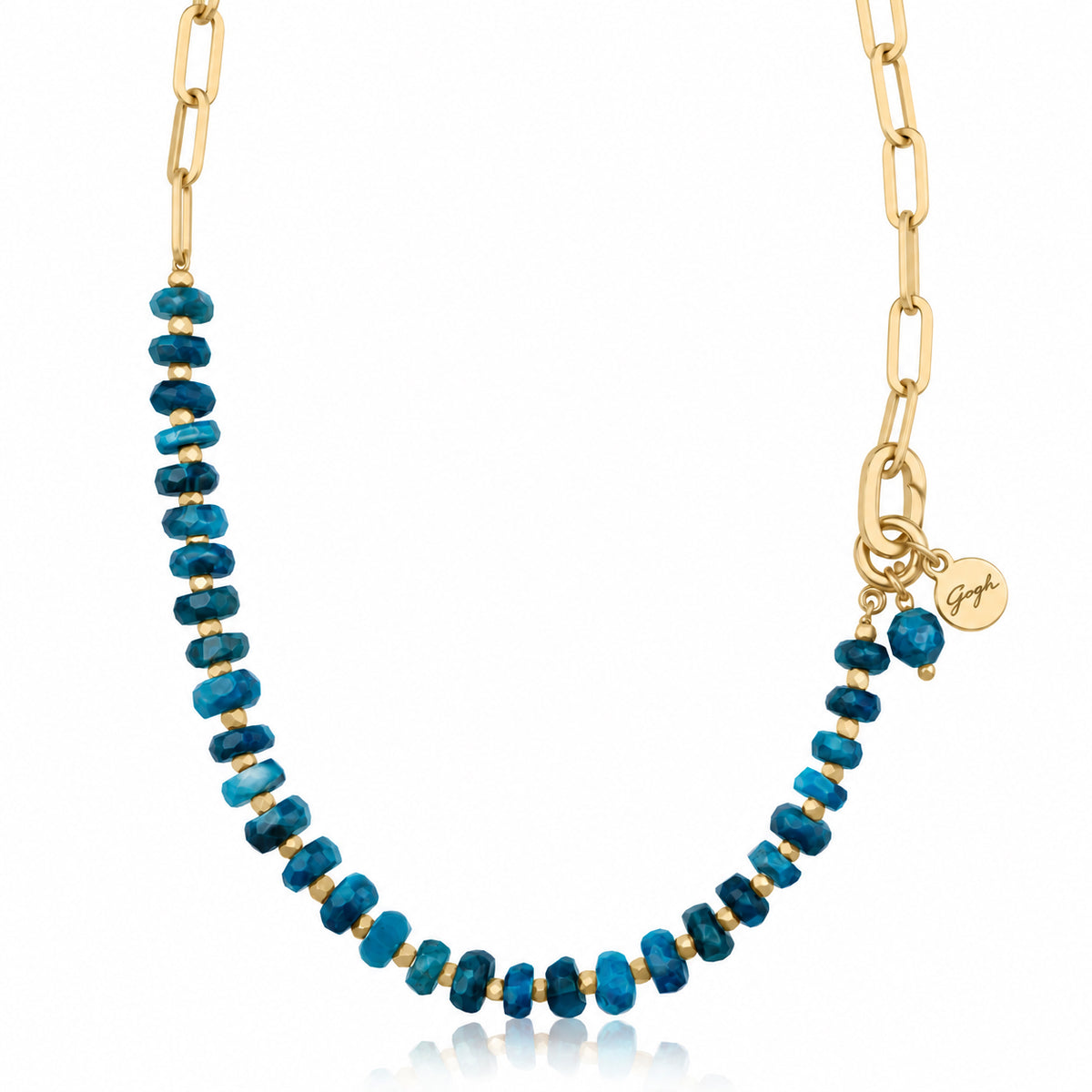 Gold paperclip chain necklace with faceted apatite beads — Modern Heirloom Collection by Gogh Jewelry Design