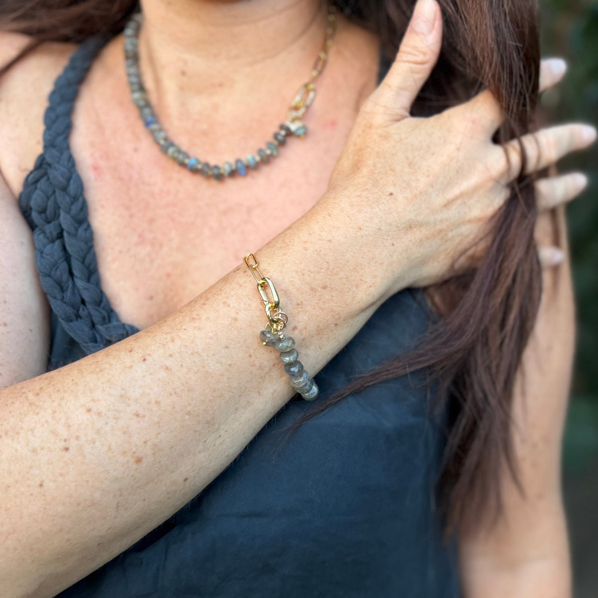 Gold paperclip chain necklace with faceted labradorite beads — Modern Heirloom Collection by Gogh Jewelry Design
