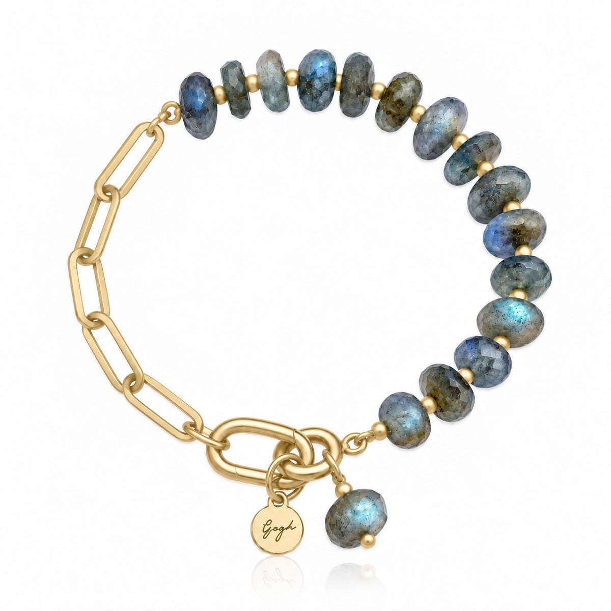 Gold paperclip chain bracelet with faceted labradorite beads — Modern Heirloom Collection by Gogh Jewelry Design