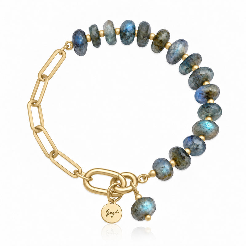Gold paperclip chain bracelet with faceted labradorite beads — Modern Heirloom Collection by Gogh Jewelry Design