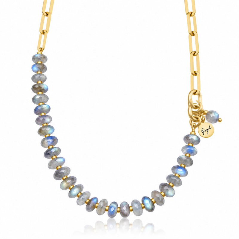 Gold paperclip chain necklace with faceted labradorite beads — Modern Heirloom Collection by Gogh Jewelry Design
