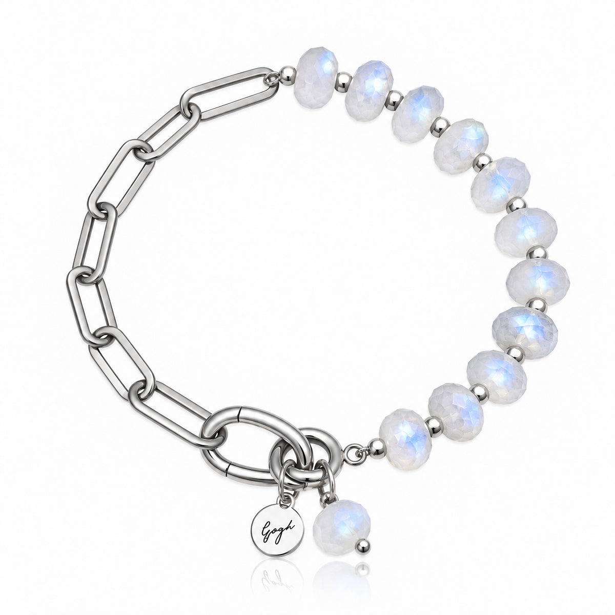 Rhodium-plated silver paperclip chain bracelet with faceted moonstone beads — Modern Heirloom Collection by Gogh Jewelry Design