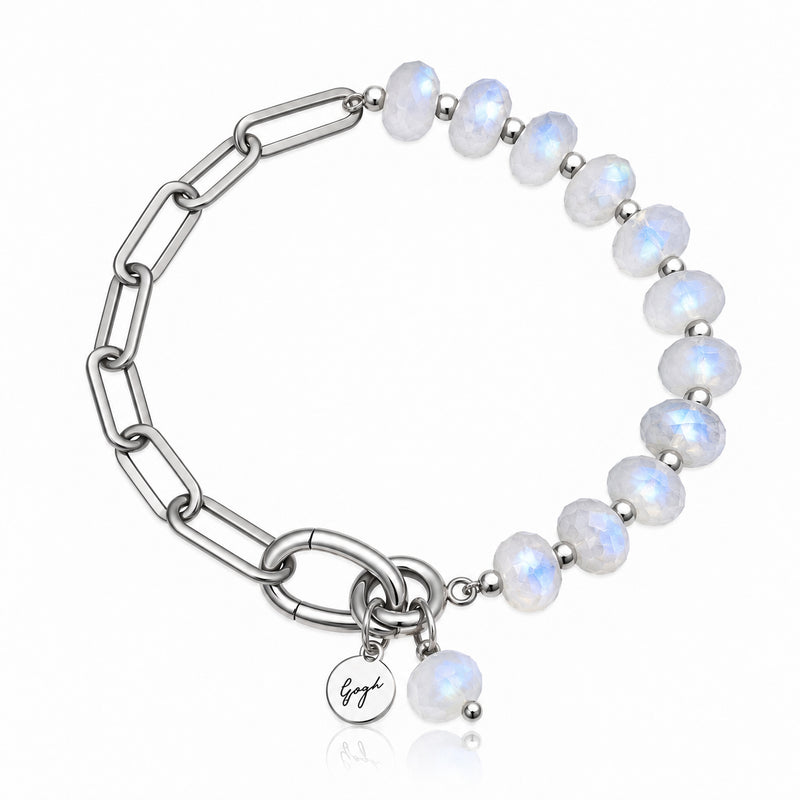 Rhodium-plated silver paperclip chain bracelet with faceted moonstone beads — Modern Heirloom Collection by Gogh Jewelry Design