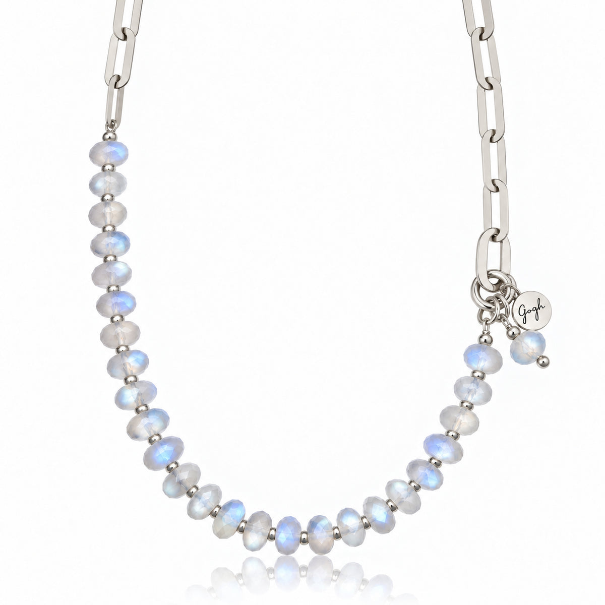 Rhodium-plated silver paperclip chain necklace with faceted moonstone beads — Modern Heirloom Collection by Gogh Jewelry Design