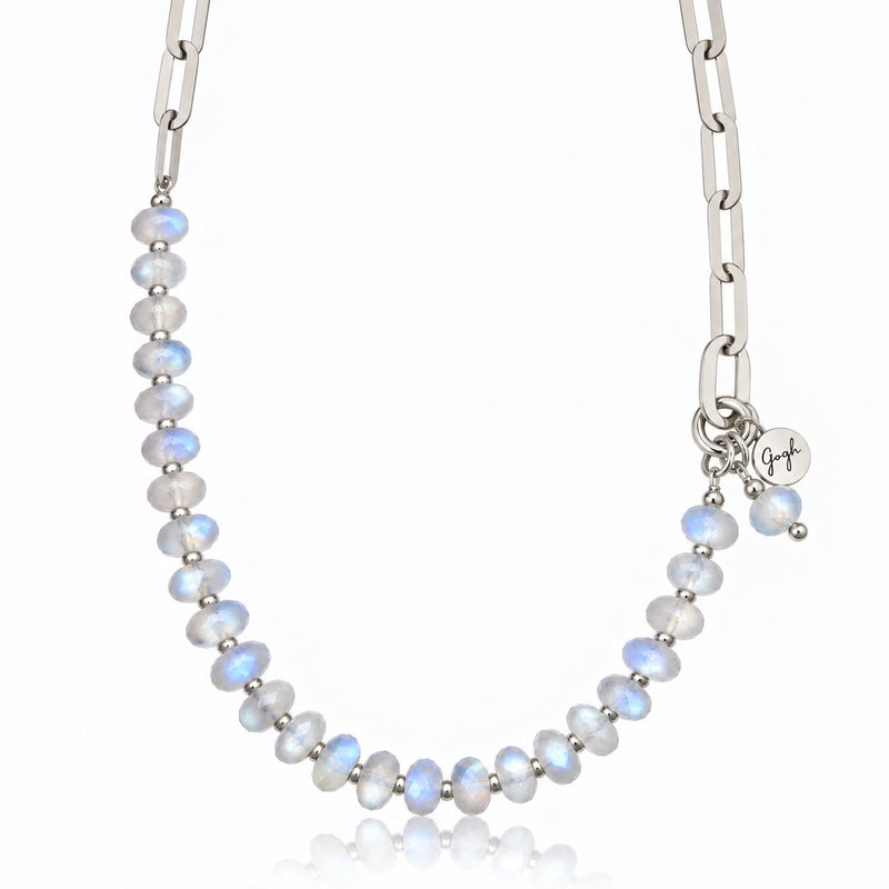 Rhodium-plated silver paperclip chain necklace with faceted moonstone beads — Modern Heirloom Collection by Gogh Jewelry Design