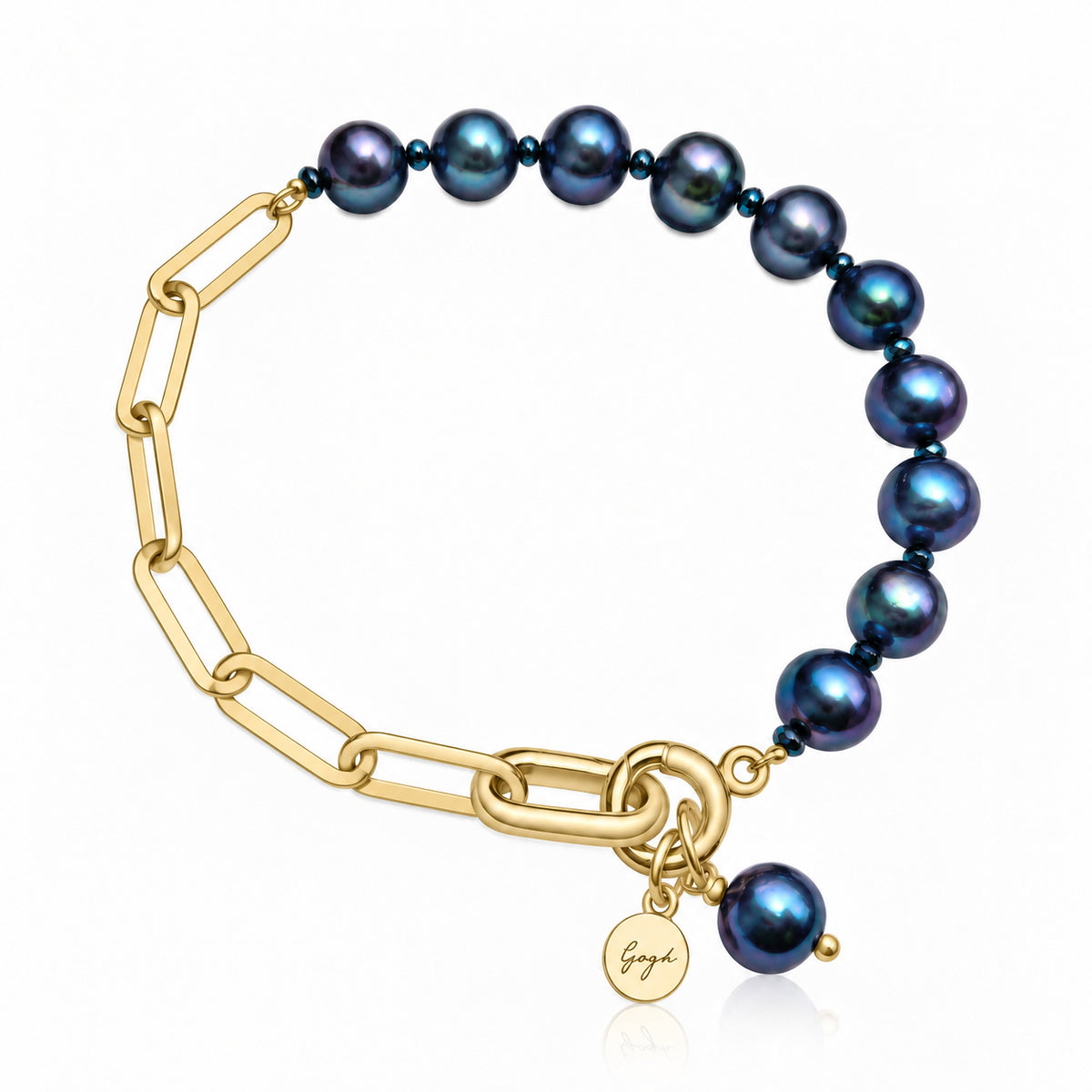 Gold paperclip chain bracelet with iridescent peacock pearls — Modern Heirloom Collection by Gogh Jewelry Design