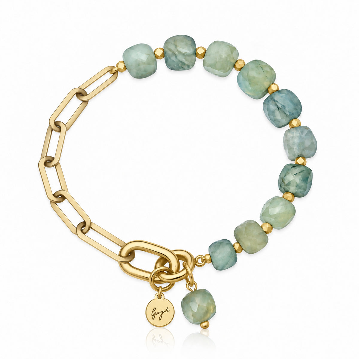 Gold paperclip chain bracelet with faceted prehnite beads — Modern Heirloom Collection by Gogh Jewelry Design