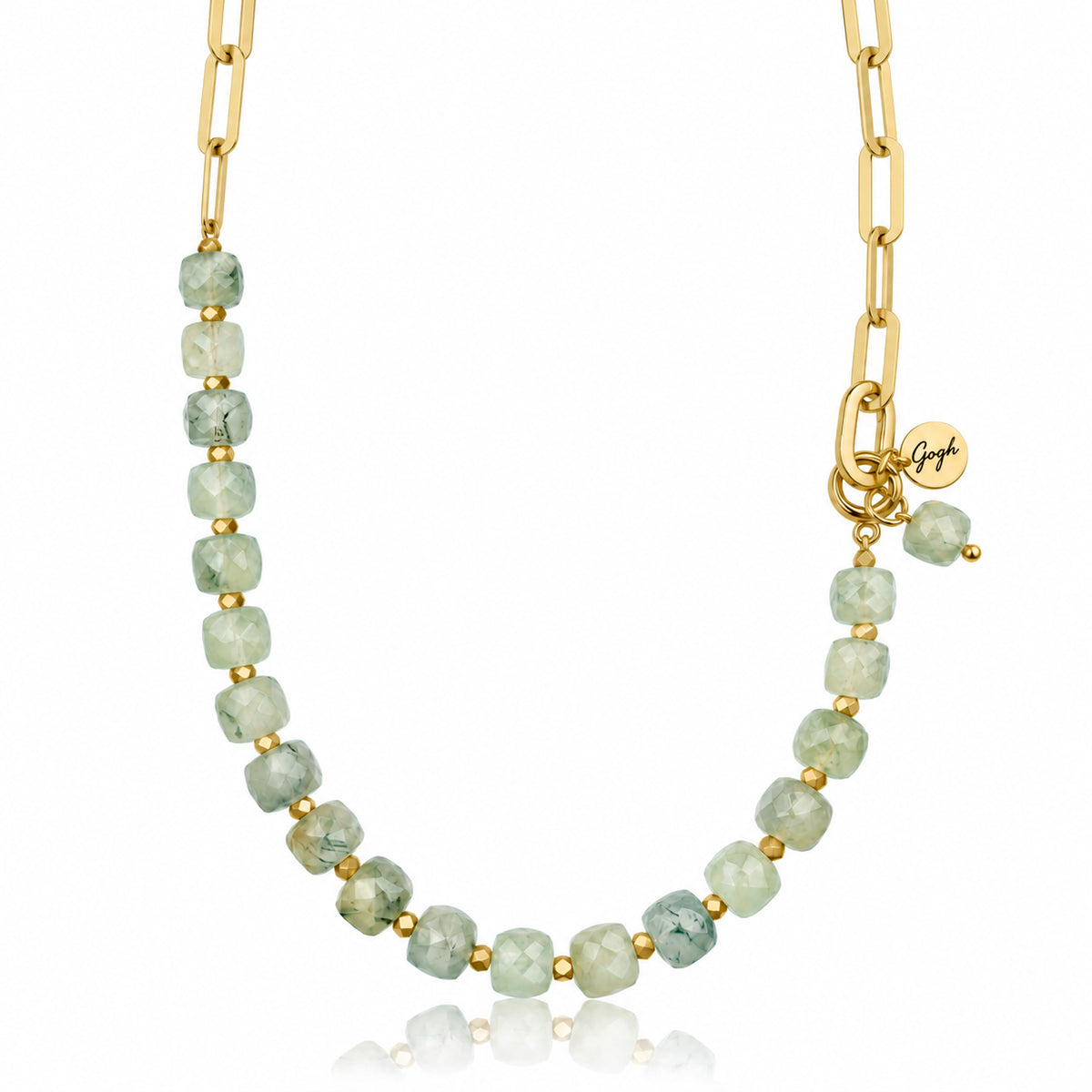 Gold paperclip chain necklace with faceted prehnite beads — Modern Heirloom Collection by Gogh Jewelry Design