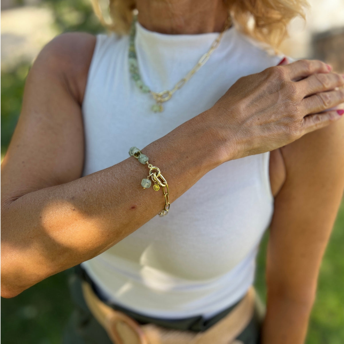 Gold paperclip chain bracelet with faceted prehnite beads — Modern Heirloom Collection by Gogh Jewelry Design