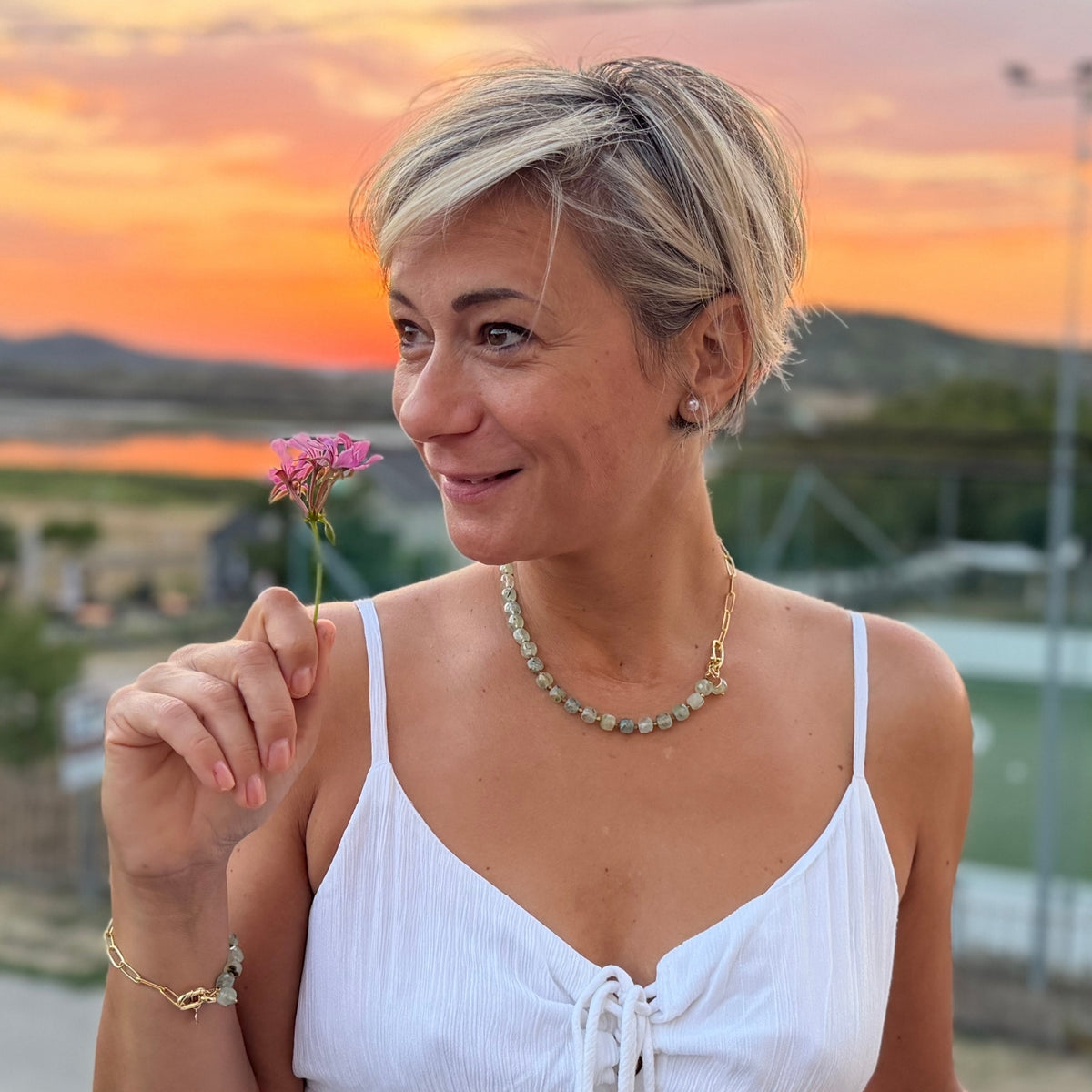 Gold paperclip chain bracelet with faceted prehnite beads — Modern Heirloom Collection by Gogh Jewelry Design