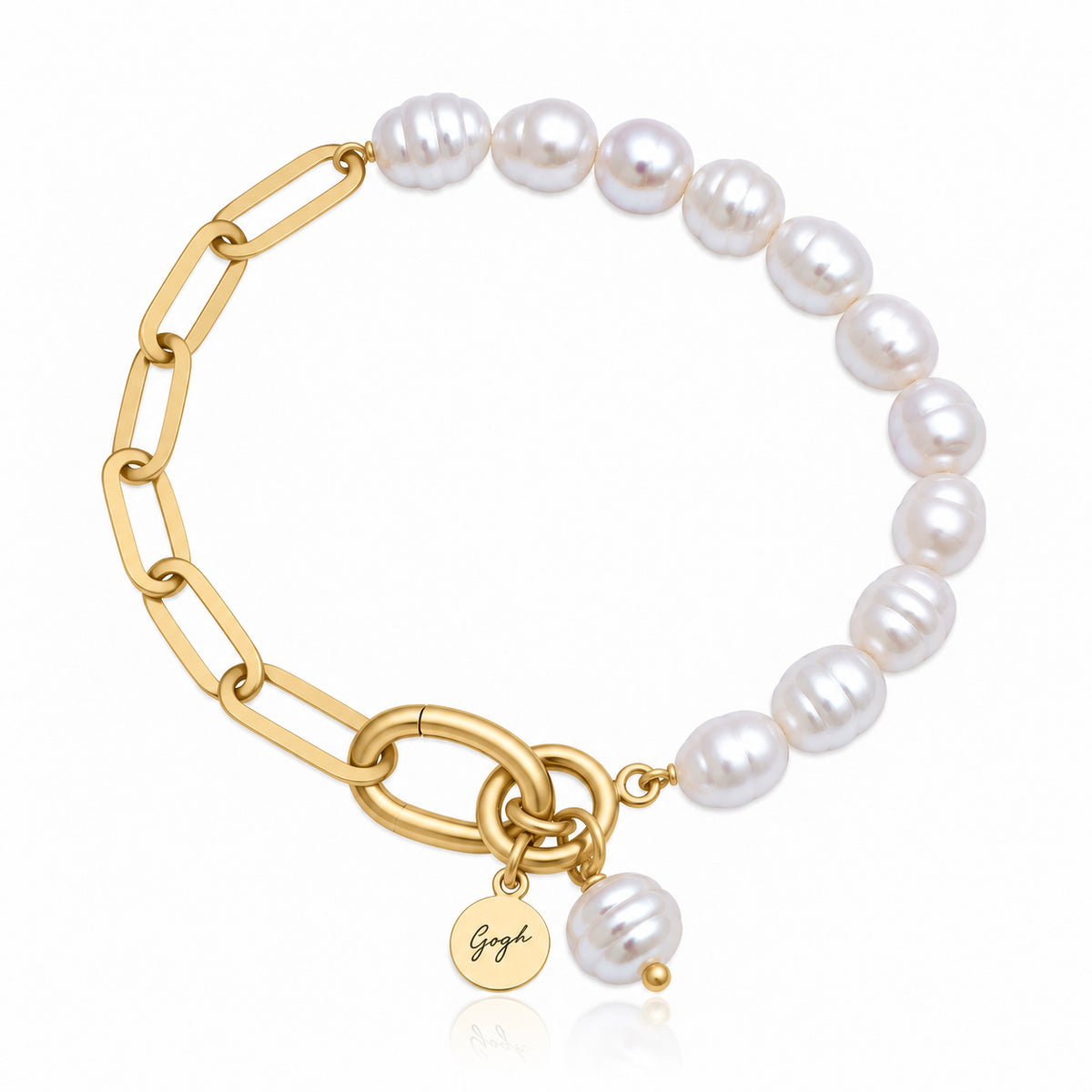 Gold paperclip chain necklace with white Indonesian pearls — Modern Heirloom Collection by Gogh Jewelry Design