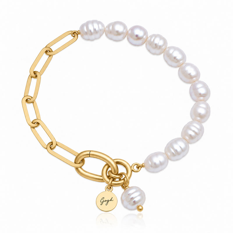 Gold paperclip chain necklace with white Indonesian pearls — Modern Heirloom Collection by Gogh Jewelry Design