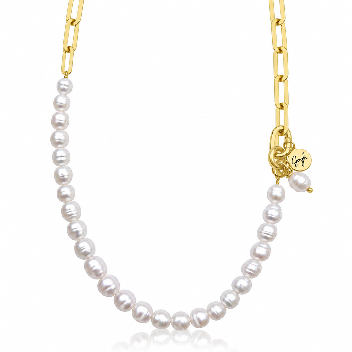 Gold paperclip chain necklace with white Indonesian pearls — Modern Heirloom Collection by Gogh Jewelry Design