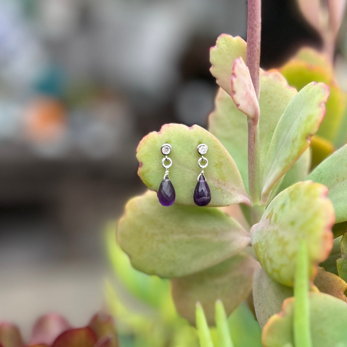 The enchanting Petite Sparkle - Amethyst Earrings designed for free-spirited individuals with a penchant for crystal healing and positive vibes, these earrings are a testament to both elegance and spiritual connection.