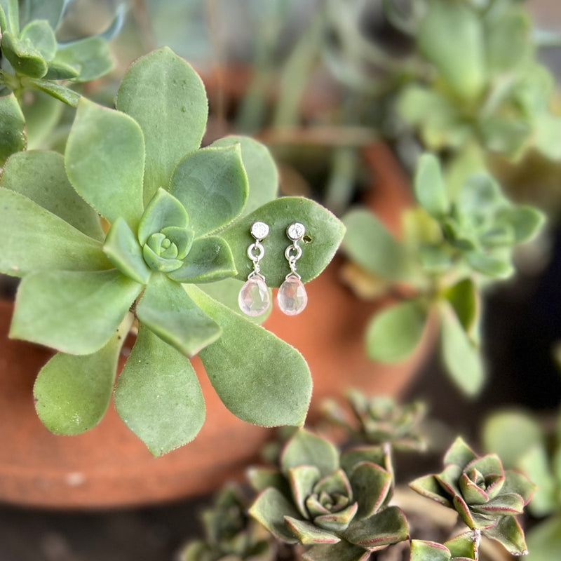 The charming Petite Sparkle - Rose Quartz Earring are, designed with thoughtful consideration for those who embrace a free-spirited lifestyle, have a fondness for crystal healing, and seek the gentle energy of love and compassion.