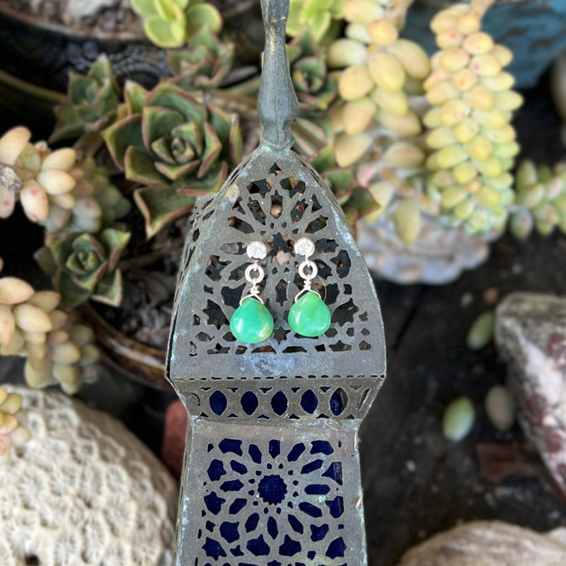 The exquisite Petite Sparkle - Chrysoprase Earrings are thoughtfully designed for individuals who embrace a free-spirited lifestyle, resonate with crystal healing, and seek the refreshing energy of Chrysoprase. 