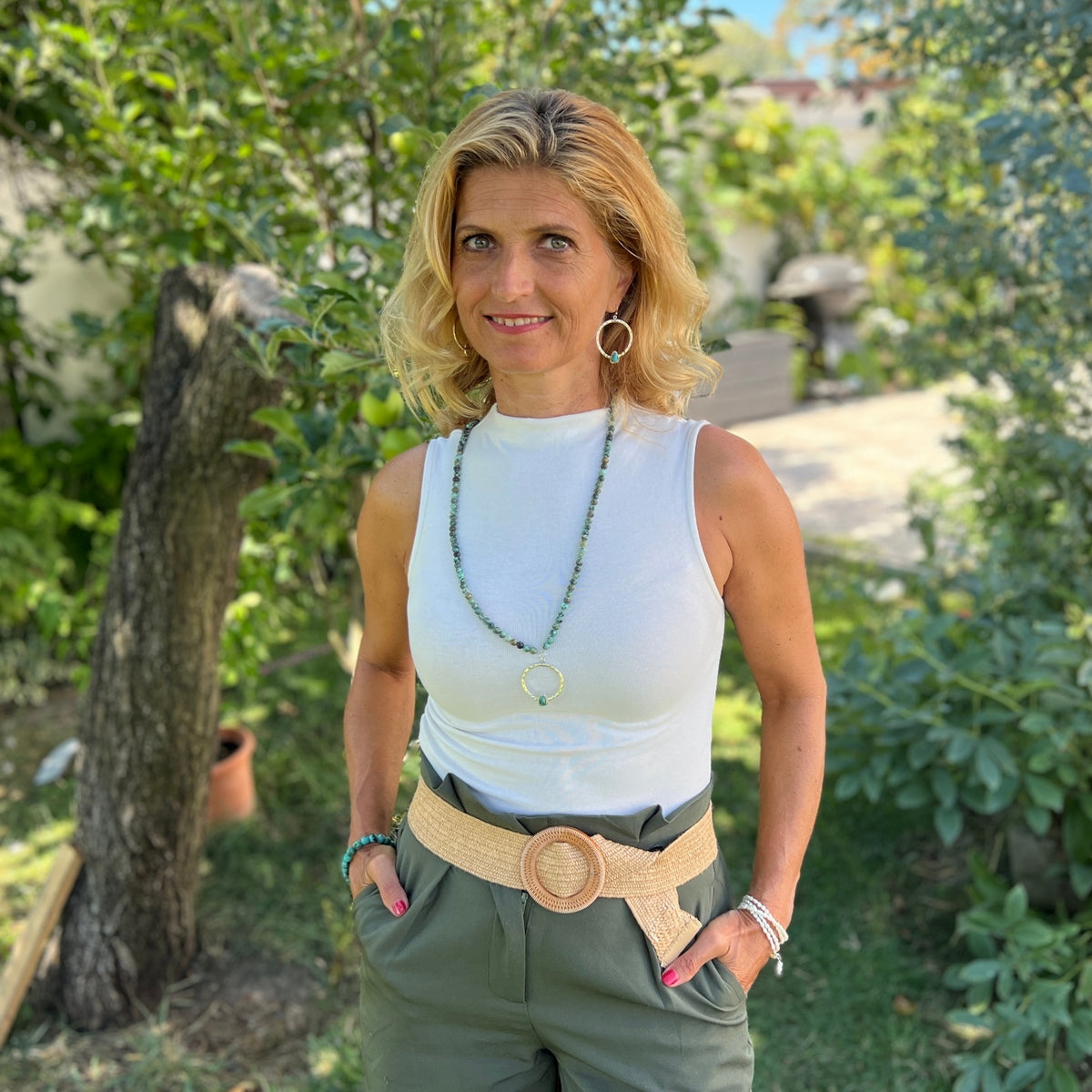 Woman wearing the Full Circle: African Turquoise Necklace