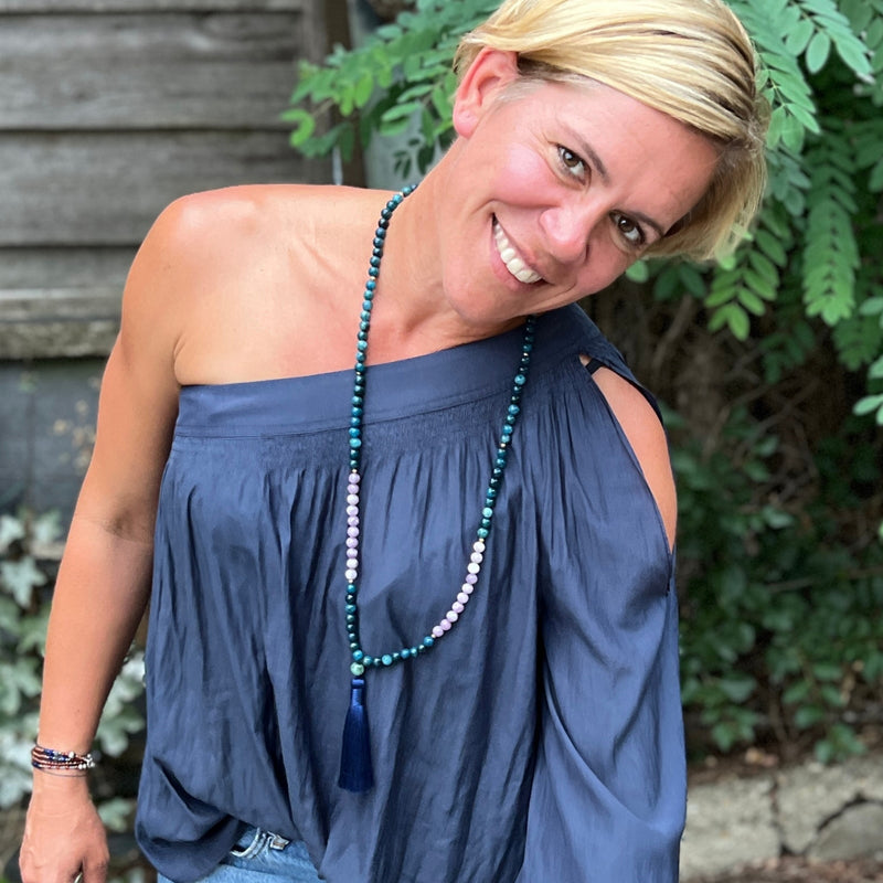 The Spiritual Search Mala Necklace is a beautifully crafted piece designed to enhance your journey of self-discovery and inner peace. 