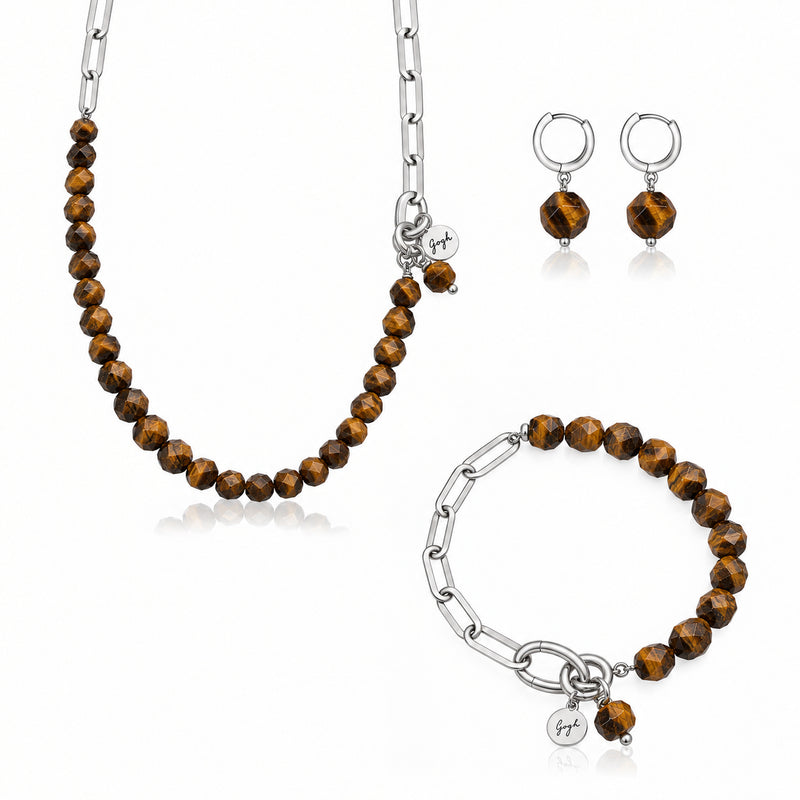 Rhodium-plated silver paperclip chain necklace with faceted tiger eye beads — Modern Heirloom Collection by Gogh Jewelry Design