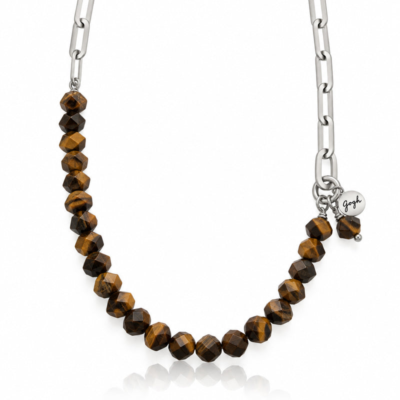 Rhodium-plated silver paperclip chain bracelet with faceted tiger eye beads — Modern Heirloom Collection by Gogh Jewelry Design