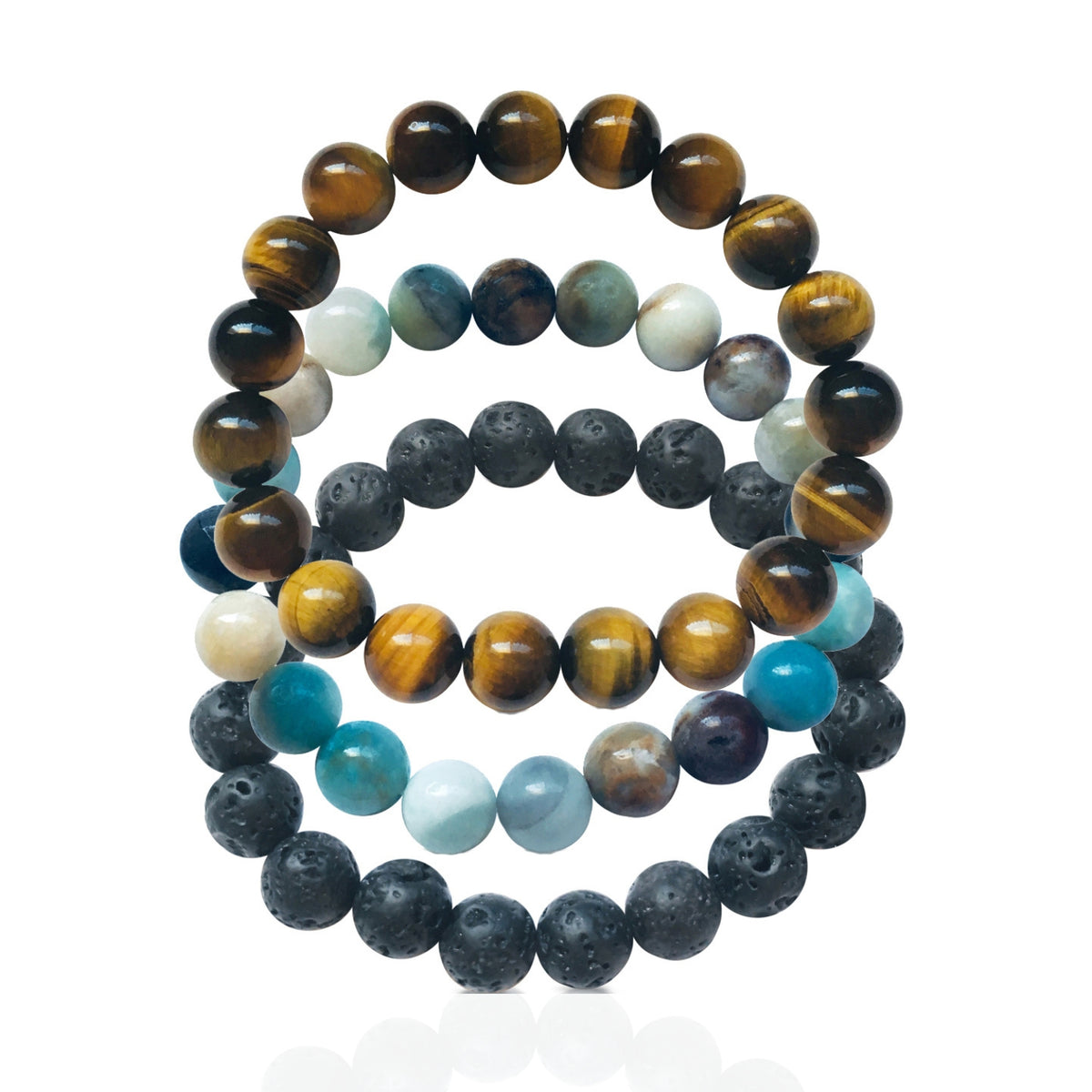 Calming Anxiety Jewelry Set: Lava Stone, Amazonite and Tiger Eye Bracelet Trio