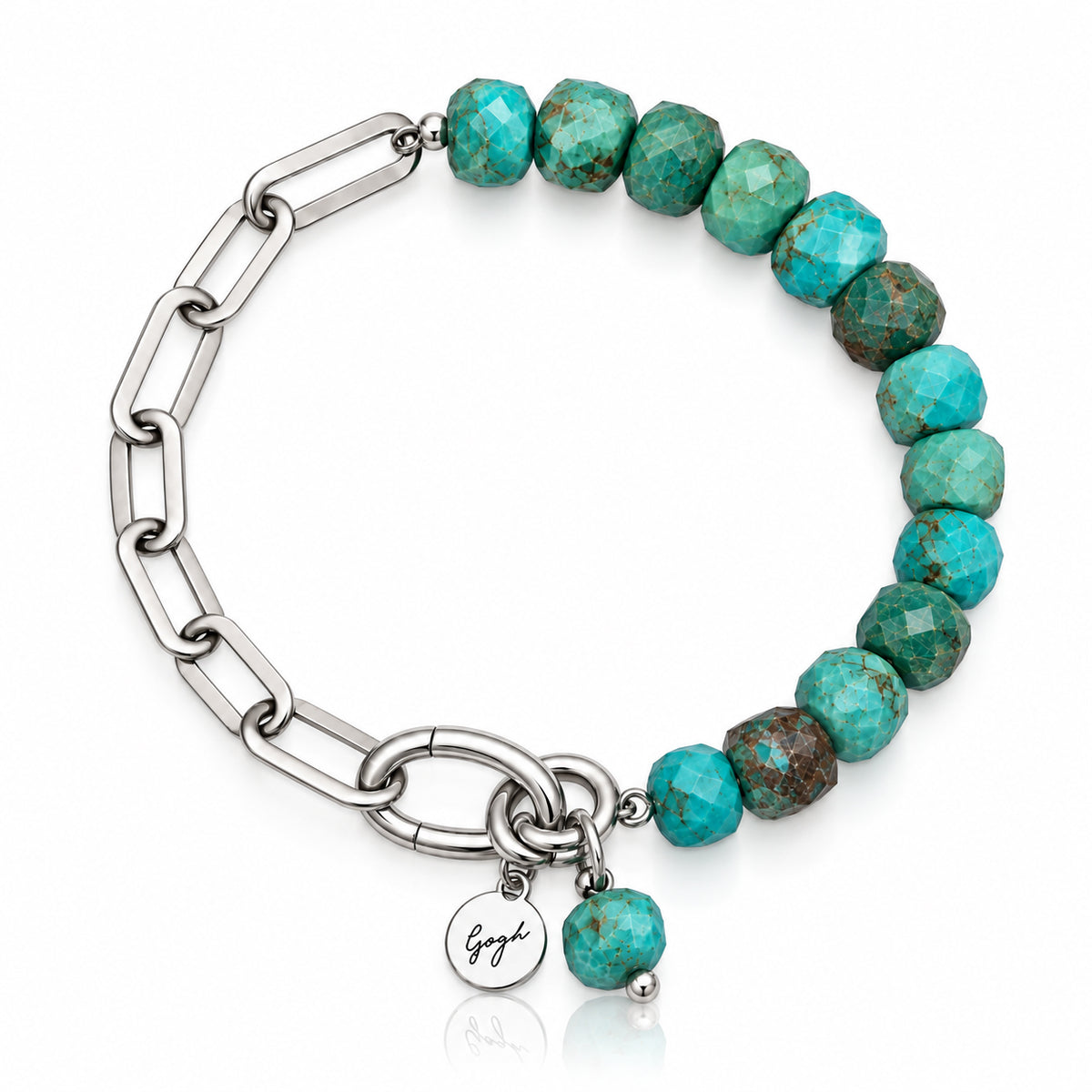 Rhodium-plated silver paperclip chain bracelet with faceted turquoise beads — Modern Heirloom Collection by Gogh Jewelry Design