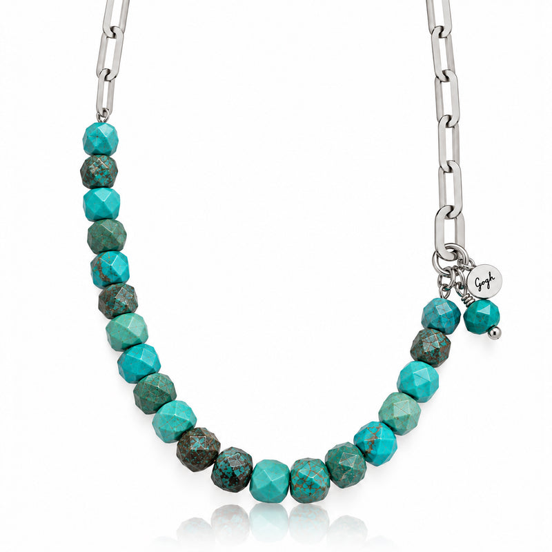 Rhodium-plated silver paperclip chain necklace with faceted turquoise beads — Modern Heirloom Collection by Gogh Jewelry Design