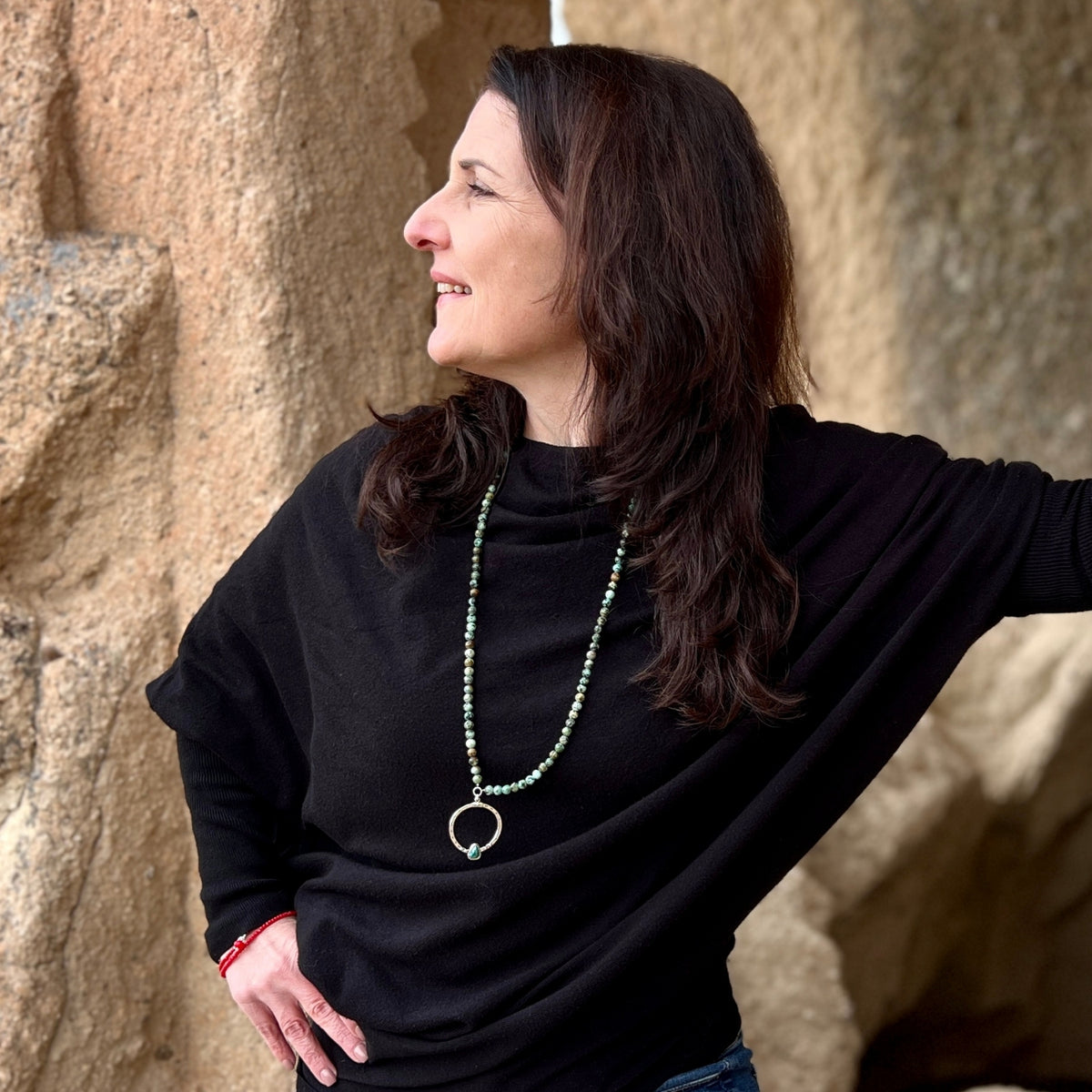 Woman wearing the Full Circle: African Turquoise Necklace, another view