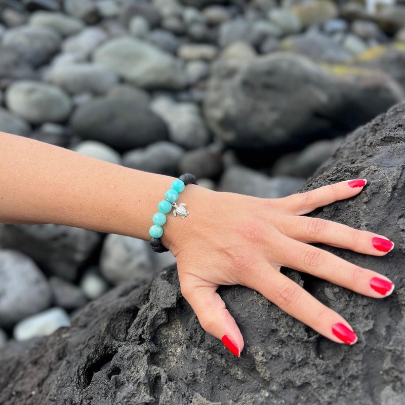 This Turtle Tracks Amazonite Wrap Bracelet symbolizes the journey of a turtle from hatching on the beach in Borneo to swimming out into the vast ocean.