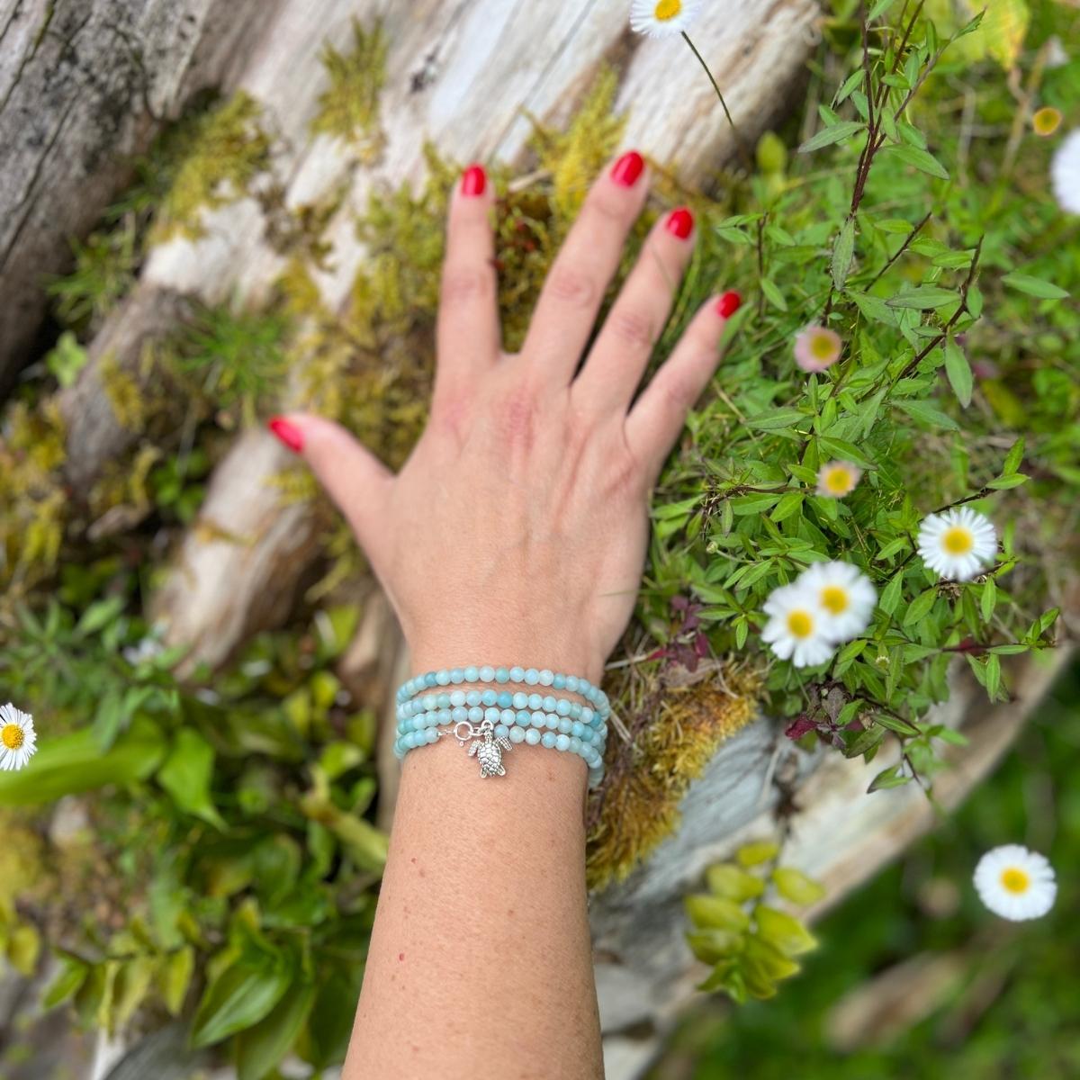 This Turtle Tracks Amazonite Wrap Bracelet symbolizes the journey of a turtle from hatching on the beach in Borneo to swimming out into the vast ocean.