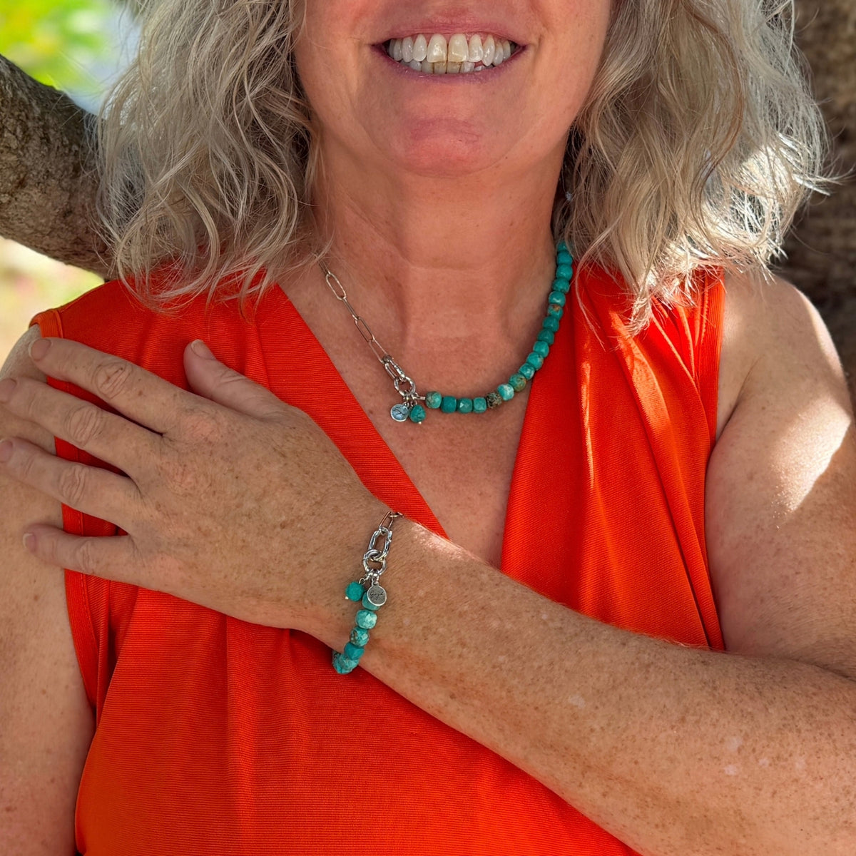 Rhodium-plated silver paperclip chain necklace with faceted turquoise beads — Modern Heirloom Collection by Gogh Jewelry Design