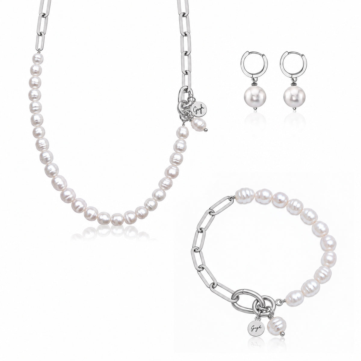 Modern Heirloom: White Pearl Paperclip Jewelry Set (Silver)