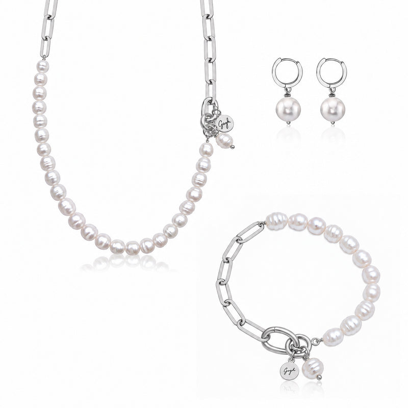 Modern Heirloom: White Pearl Paperclip Jewelry Set (Silver)